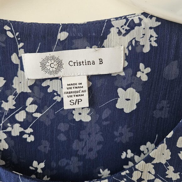💥$5 ADD ON - CRISTINA B Blue White Floral Sleeveless Relaxed Fit Blouse Size S - Picture 11 of 13